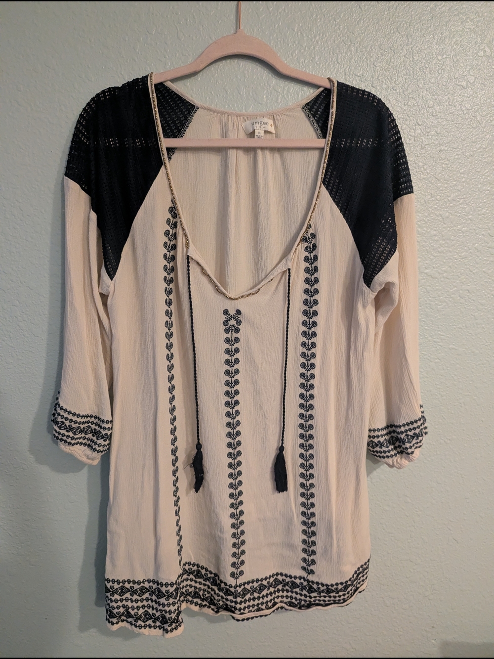 Umgee Cream Tunic with Dark Blue Embroidered Trim